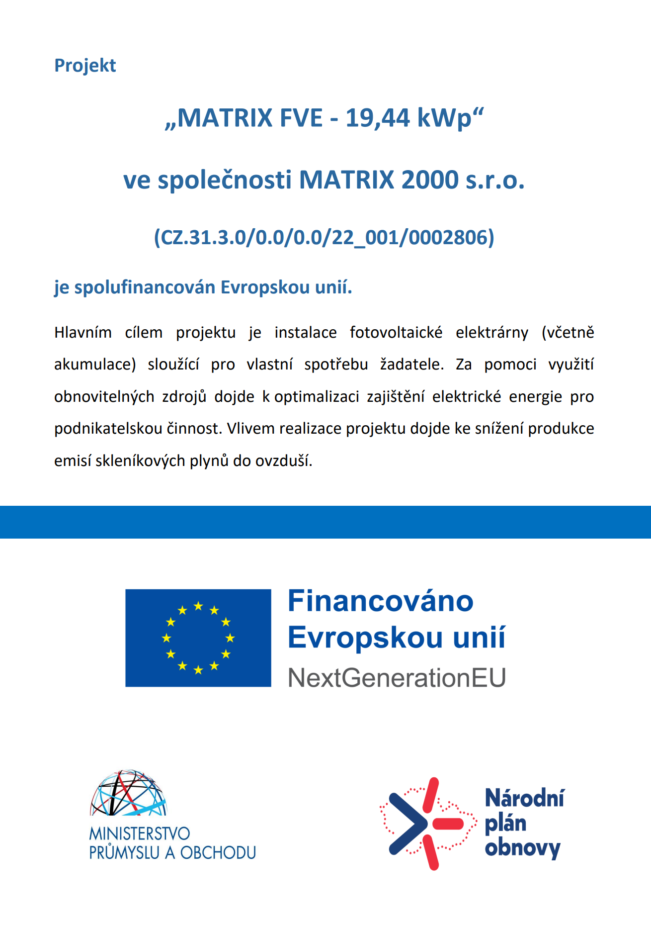 Dotace MATRIX FVE - 19,44 kWp